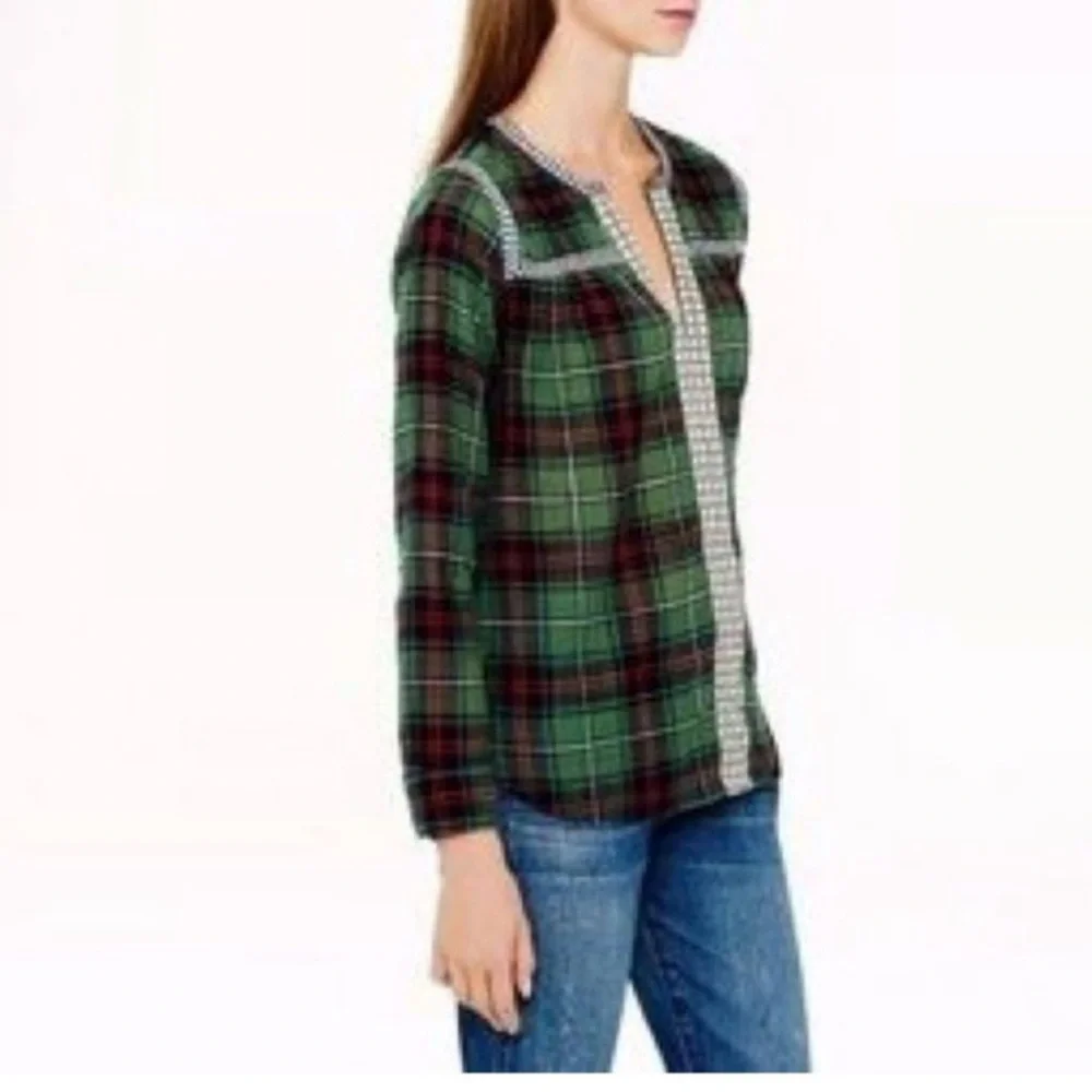 J. Crew Green Plaid Blouse with White Accents